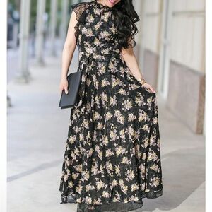 Tahari Black Maxi Dress with Pink and Yellow botanical Hollywood Glam
